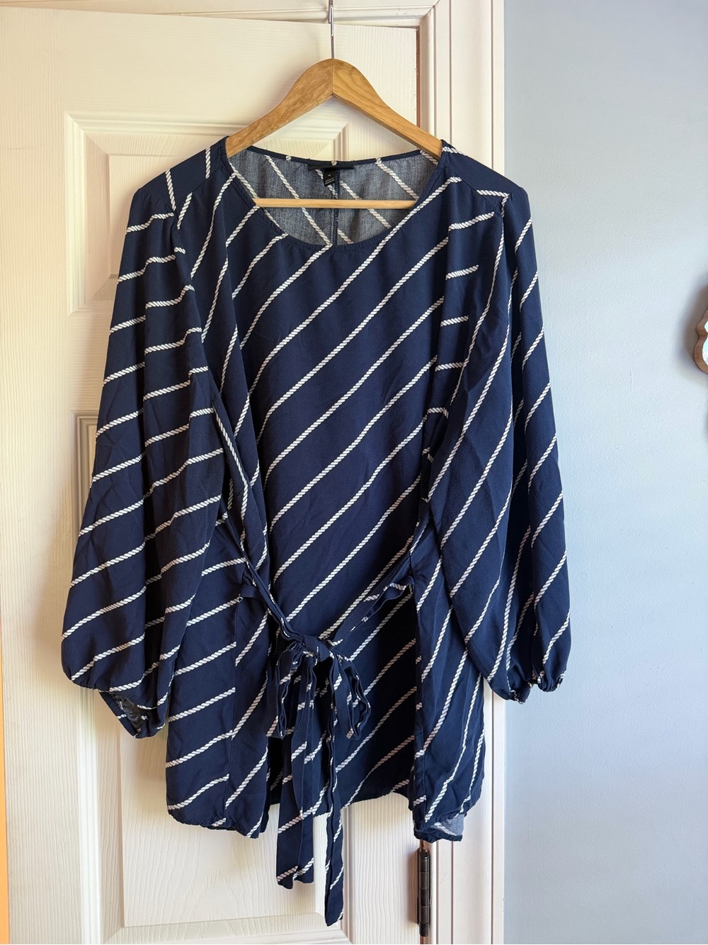 Lane Bryant Navy & White Diagonal Stripe Tie-Front Blouse